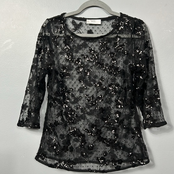 Wallis Black Mesh Net Sheer Sequin 3/4 Sleeve Tunic Top size US 8 - Picture 3 of 10